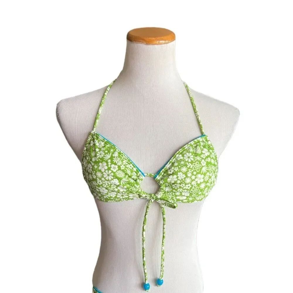 NWT Womens Hula Honey Green Floral Light Padded String Bikini Top - Sz XS